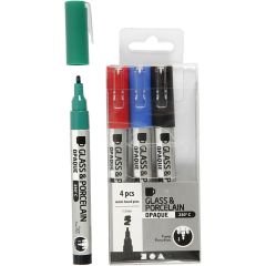 Glas- & Porseleinstiften, 1-2mm , Dekkend, Blauw,groen,rood,zwart, 4 Stuk, 1 Doos (31336)