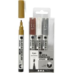 Glas- & Porseleinstiften, 1-2mm , Dekkend, Bruin,wit,goud,zilver, 4 Stuk, 1 Doos (31337)