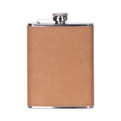 Metalen heupfles 240ml met een bruin lederen omhulsel voor sublimatie (PUJH08BN)