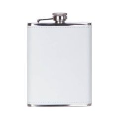 Metalen heupfles 240ml met een wit lederen omhulsel voor sublimatie (PUJH08W)